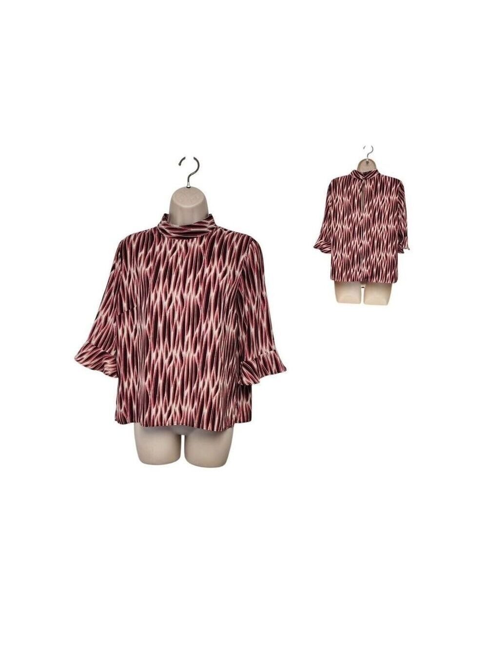 14th & Union Blouse Mock Neck 3/4 Sleeve Size M Multicolor Red/Cream